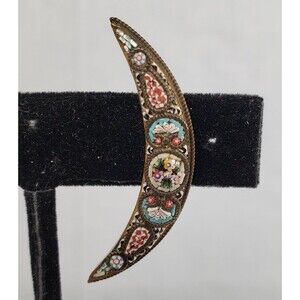 Antique Victorian Italy Micro Mosaic Cresent Moon Brass Frame Brooch Marked FAP